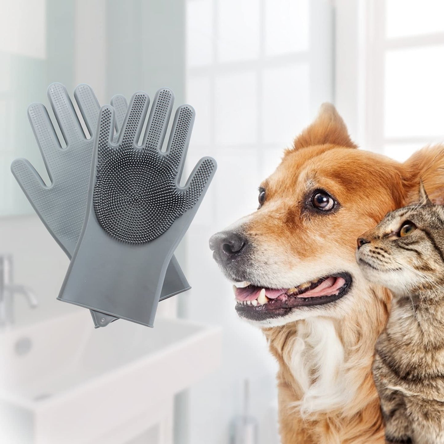 Pet Grooming Glove – Gentle Bath Brush & Massage Mitt for Dogs, Cats, Rabbits & Horses – Deshedding 5-Finger Design