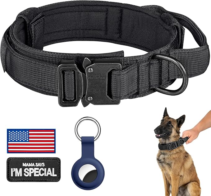 Tactical Dog Collar for Medium and Large Dogs – Adjustable Nylon Military Training Collar with Control Handle, Heavy-Duty Metal Buckle, Patches, and AirTag Holder (Black, Large)