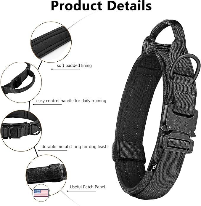 Tactical Dog Collar for Medium and Large Dogs – Adjustable Nylon Military Training Collar with Control Handle, Heavy-Duty Metal Buckle, Patches, and AirTag Holder (Black, Large)