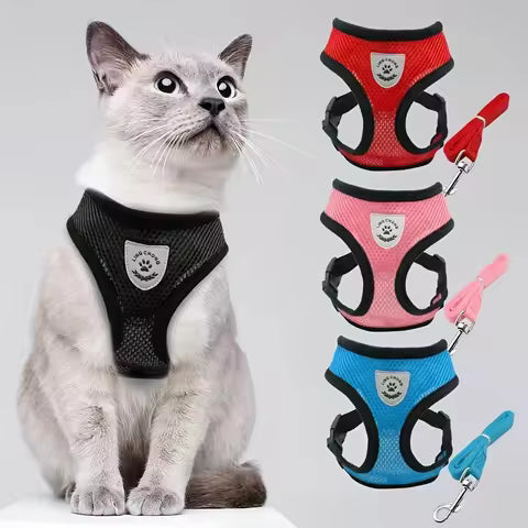 Adjustable Cat and Small Dog Harness with Leash – Soft Mesh Vest with Reflective Strips – Breathable and Comfortable Pet Walking Set