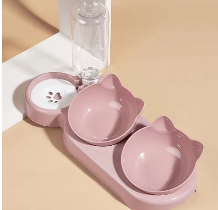 Pet Bowls With Water Feeder, 3 In 1 Ear Design Tilted Cat Water And Food Bowl Set With Gravity Water Bottle For Neck Protection