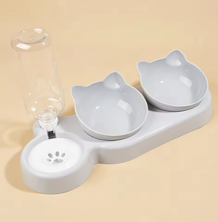 Pet Bowls With Water Feeder, 3 In 1 Ear Design Tilted Cat Water And Food Bowl Set With Gravity Water Bottle For Neck Protection