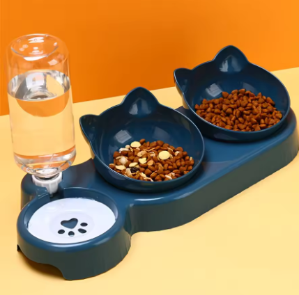 Pet Bowls With Water Feeder, 3 In 1 Ear Design Tilted Cat Water And Food Bowl Set With Gravity Water Bottle For Neck Protection