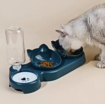 Pet Bowls With Water Feeder, 3 In 1 Ear Design Tilted Cat Water And Food Bowl Set With Gravity Water Bottle For Neck Protection