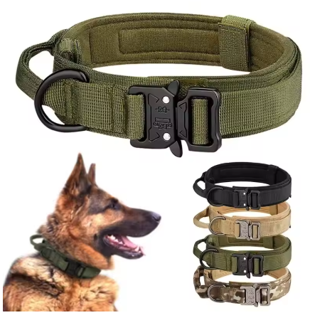 Tactical Dog Collar for Medium and Large Dogs – Adjustable Nylon Military Training Collar with Control Handle, Heavy-Duty Metal Buckle, Patches, and AirTag Holder (Black, Large)