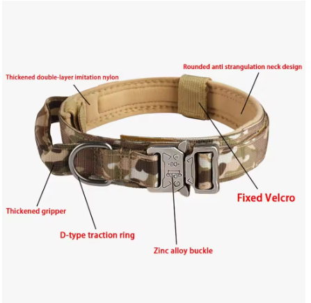 Tactical Dog Collar for Medium and Large Dogs – Adjustable Nylon Military Training Collar with Control Handle, Heavy-Duty Metal Buckle, Patches, and AirTag Holder (Black, Large)