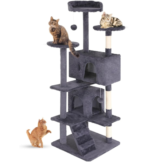 FDW 54-Inch Cat Tree Tower – Multi-Level Scratching Post, Condo & Playhouse for Indoor Cats with Cozy Platforms – Dark Gray