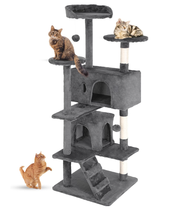 FDW 54-Inch Cat Tree Tower – Multi-Level Scratching Post, Condo & Playhouse for Indoor Cats with Cozy Platforms – Dark Gray