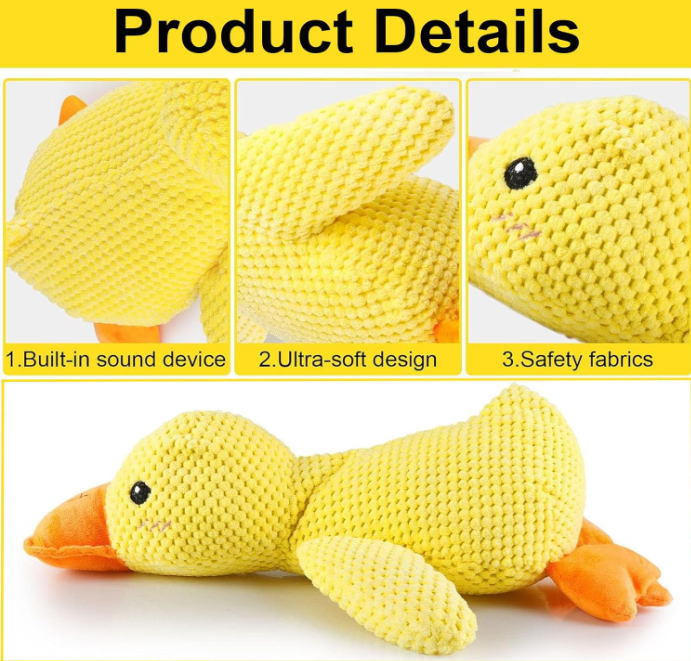 Calming Duck Dog Toy – Soft Yellow Plush Pillow with Quacking Sound for Stress Relief & Indoor Play (2025 New)
