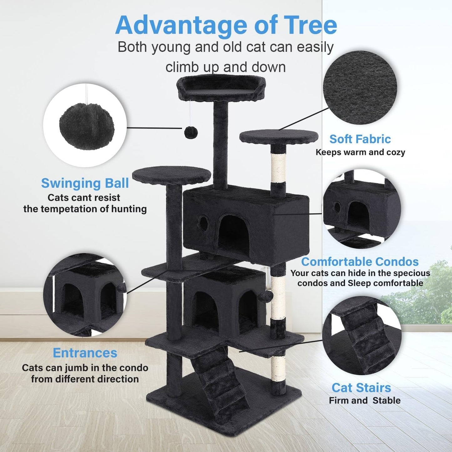 FDW 54-Inch Cat Tree Tower – Multi-Level Scratching Post, Condo & Playhouse for Indoor Cats with Cozy Platforms – Dark Gray