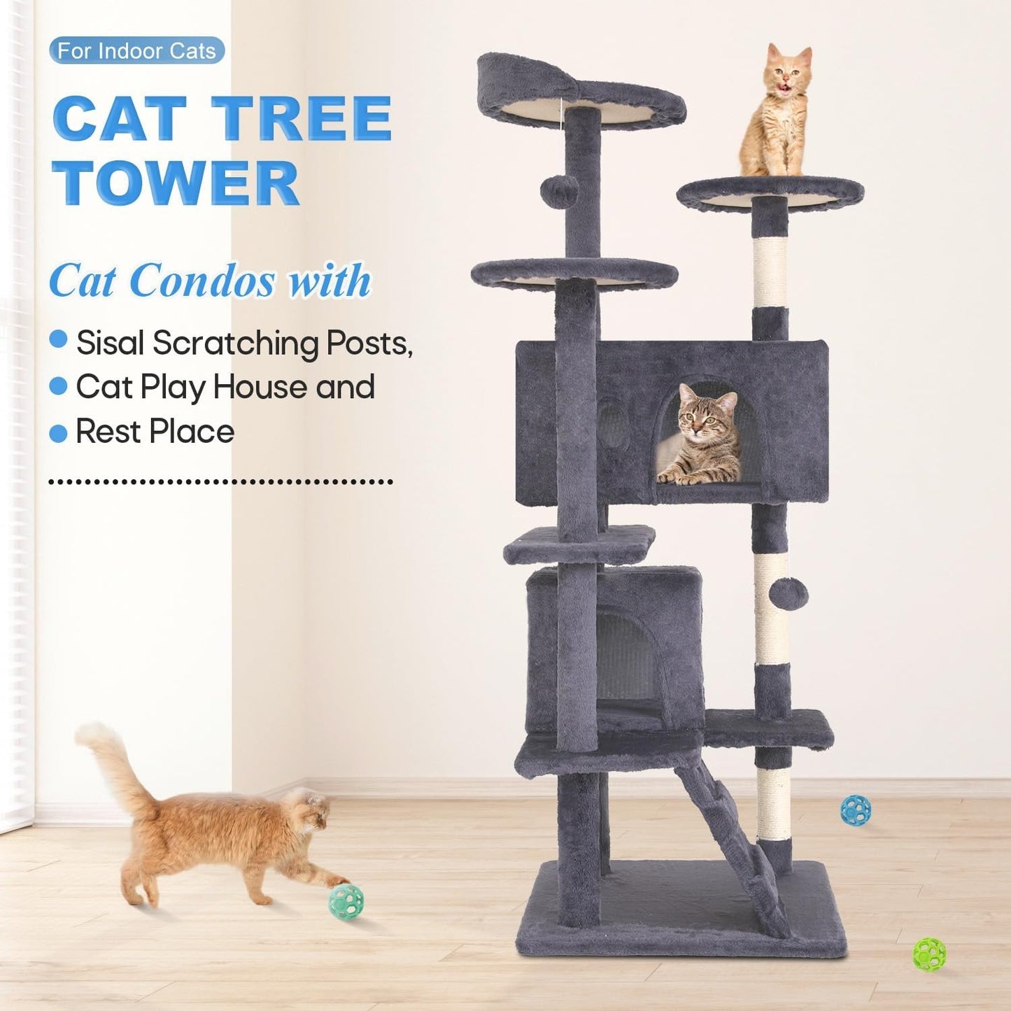 FDW 54-Inch Cat Tree Tower – Multi-Level Scratching Post, Condo & Playhouse for Indoor Cats with Cozy Platforms – Dark Gray