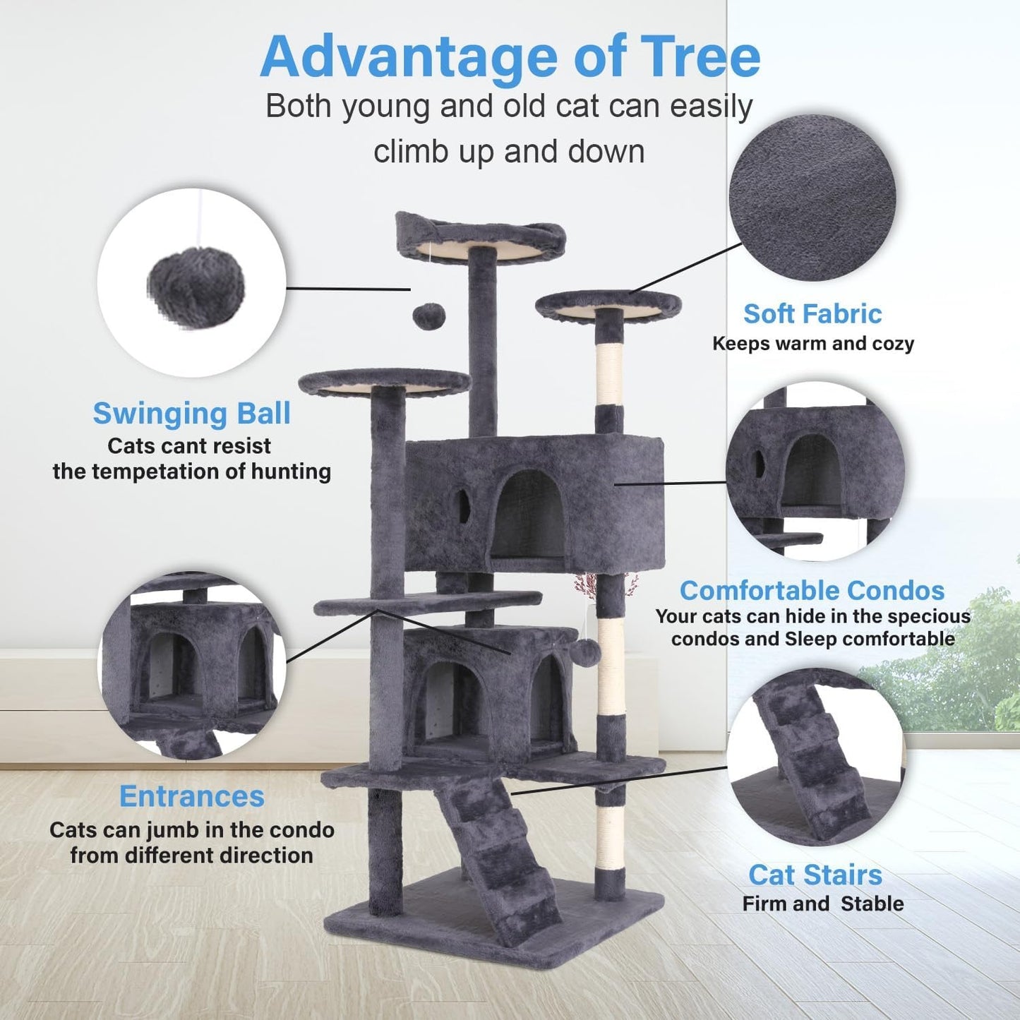 FDW 54-Inch Cat Tree Tower – Multi-Level Scratching Post, Condo & Playhouse for Indoor Cats with Cozy Platforms – Dark Gray