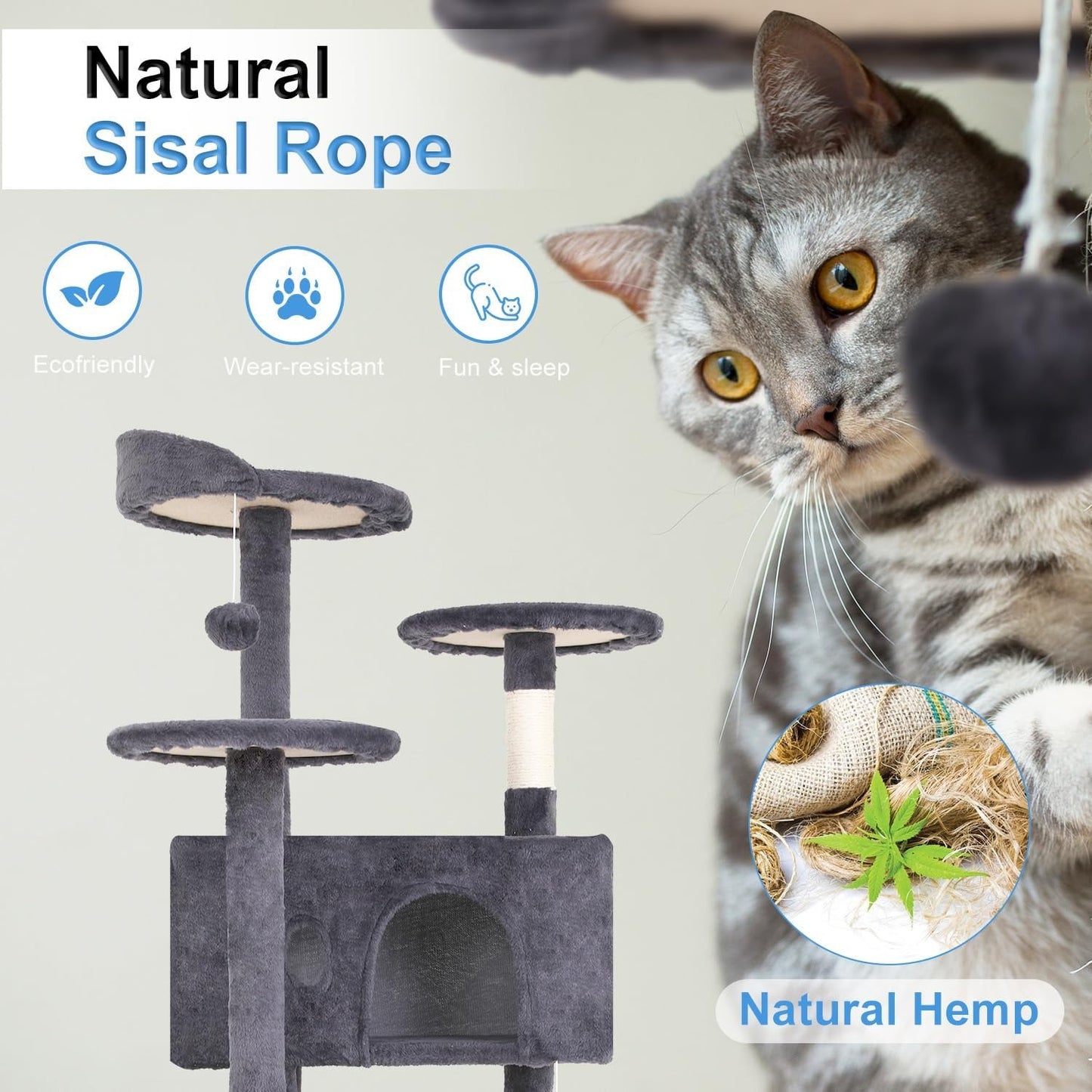 FDW 54-Inch Cat Tree Tower – Multi-Level Scratching Post, Condo & Playhouse for Indoor Cats with Cozy Platforms – Dark Gray
