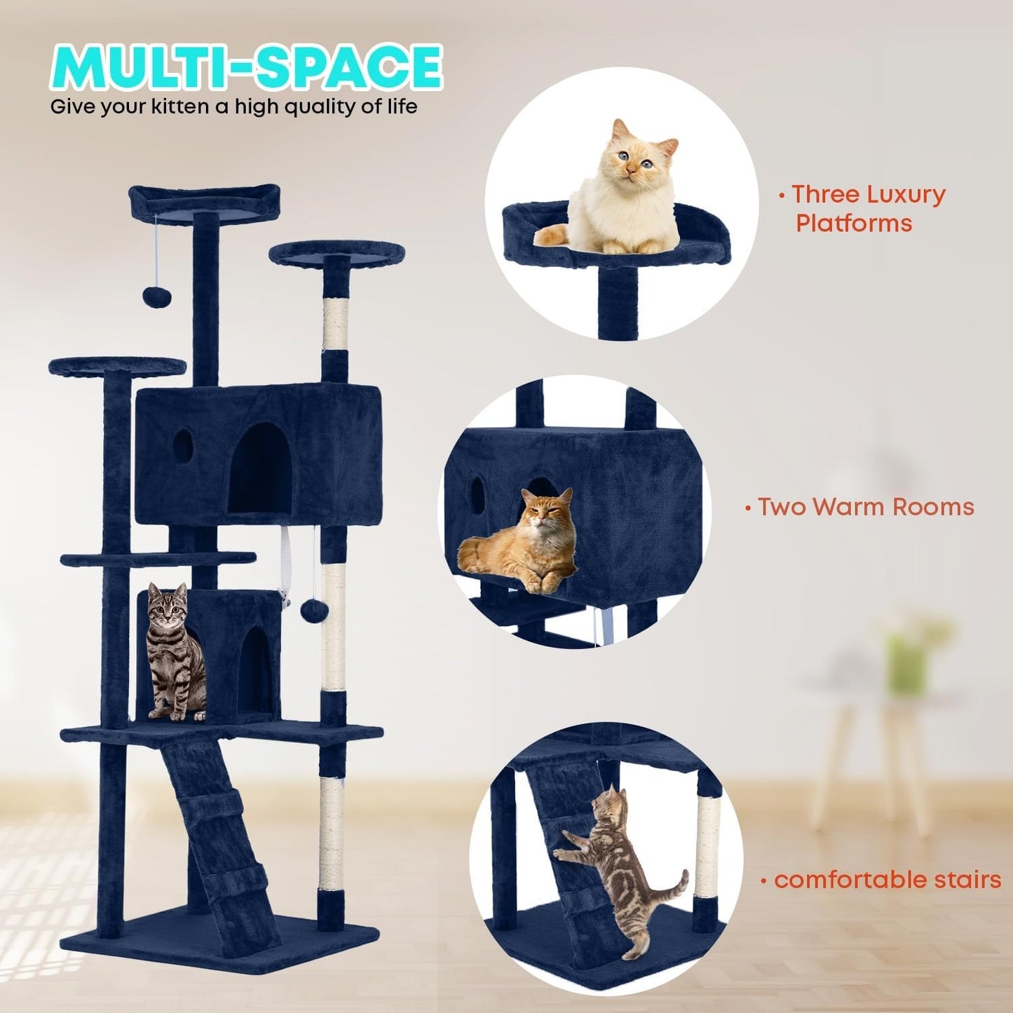 FDW 54-Inch Cat Tree Tower – Multi-Level Scratching Post, Condo & Playhouse for Indoor Cats with Cozy Platforms – Dark Gray