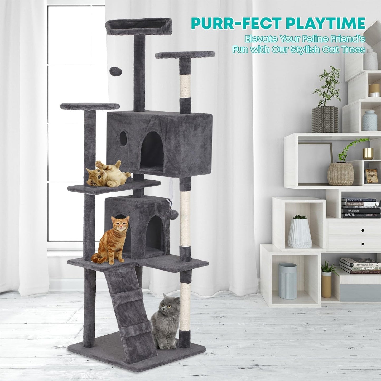 FDW 54-Inch Cat Tree Tower – Multi-Level Scratching Post, Condo & Playhouse for Indoor Cats with Cozy Platforms – Dark Gray