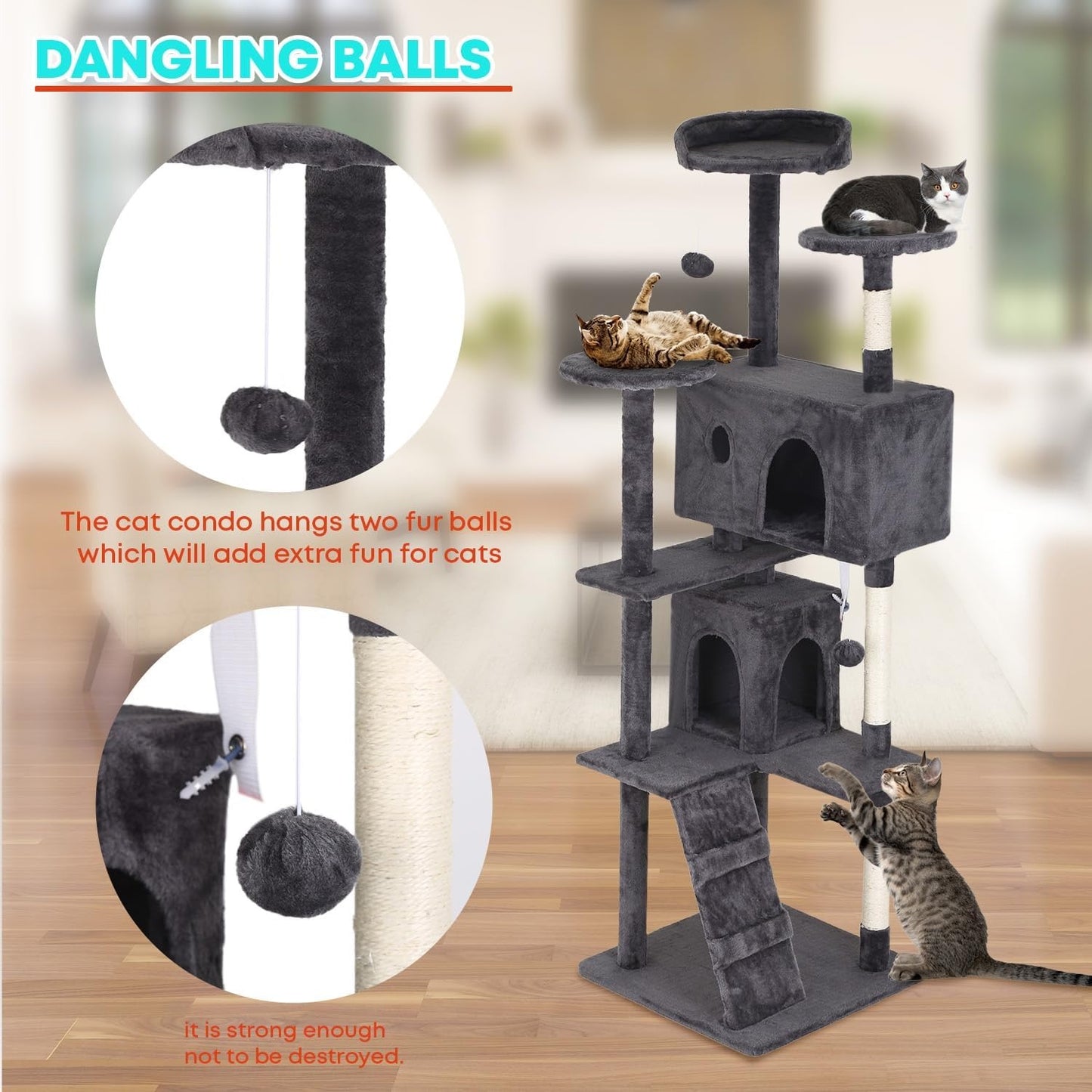 FDW 54-Inch Cat Tree Tower – Multi-Level Scratching Post, Condo & Playhouse for Indoor Cats with Cozy Platforms – Dark Gray