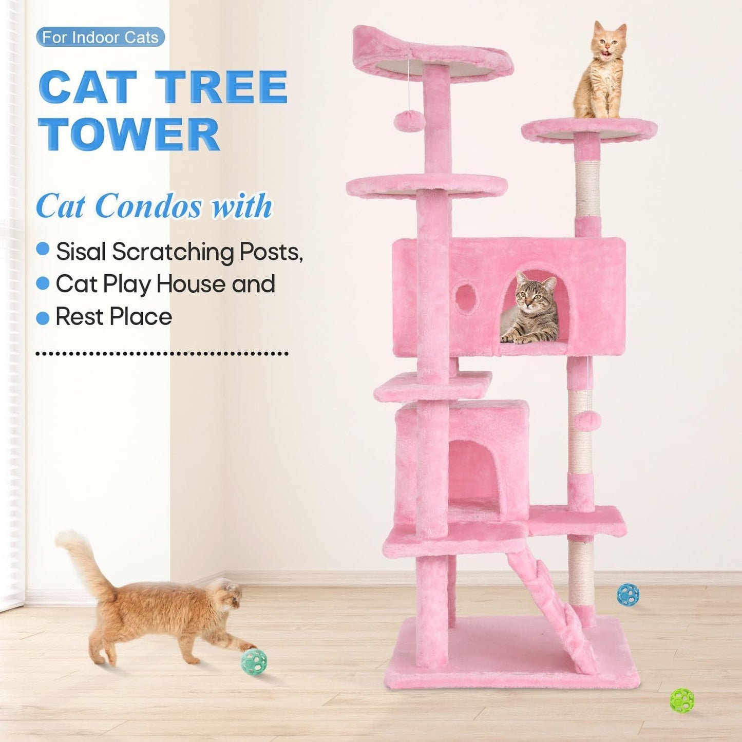 FDW 54-Inch Cat Tree Tower – Multi-Level Scratching Post, Condo & Playhouse for Indoor Cats with Cozy Platforms – Dark Gray