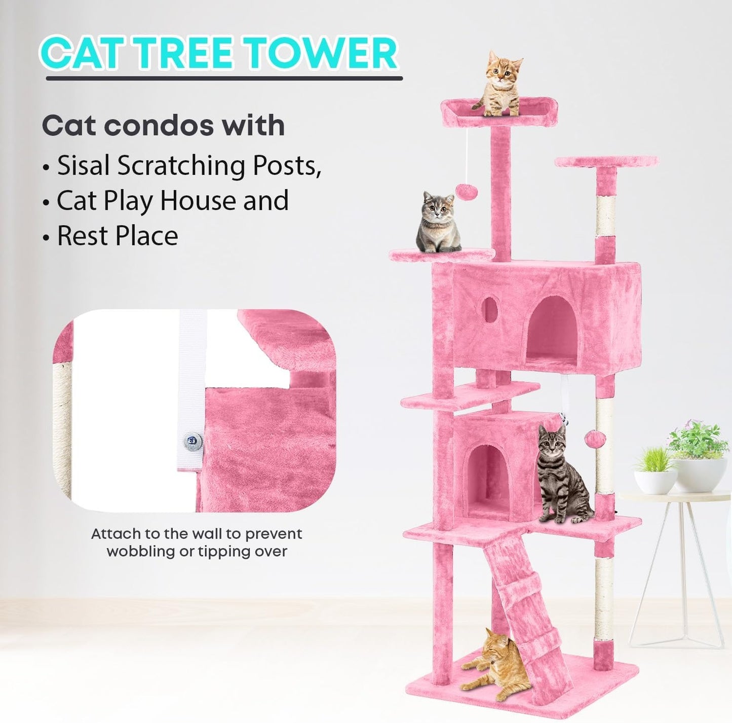 FDW 54-Inch Cat Tree Tower – Multi-Level Scratching Post, Condo & Playhouse for Indoor Cats with Cozy Platforms – Dark Gray