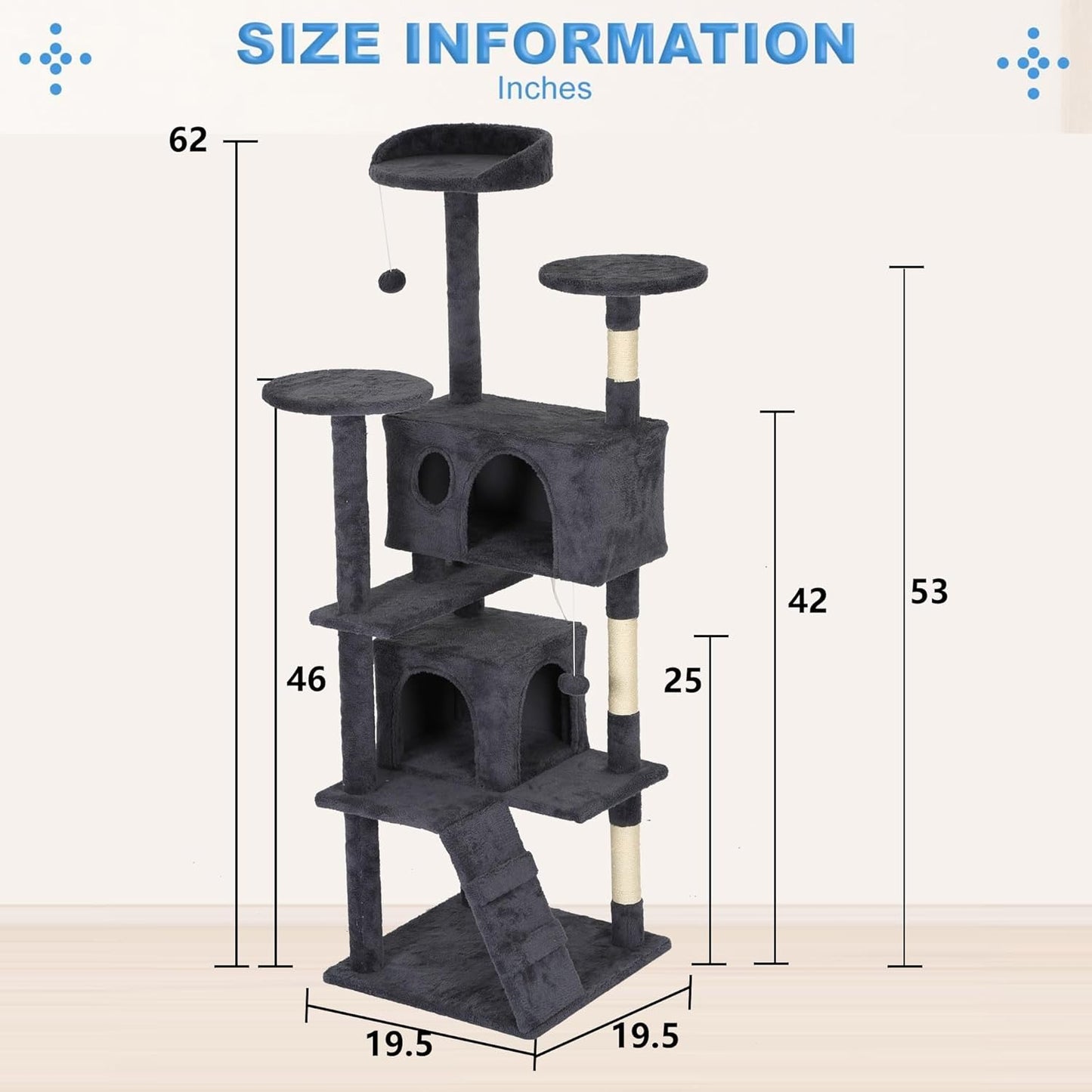 FDW 54-Inch Cat Tree Tower – Multi-Level Scratching Post, Condo & Playhouse for Indoor Cats with Cozy Platforms – Dark Gray
