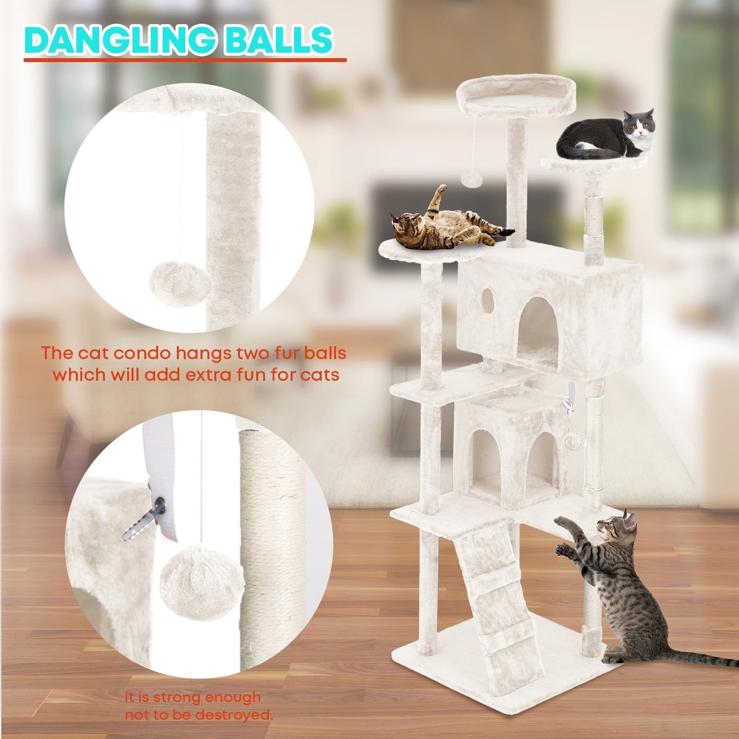 FDW 54-Inch Cat Tree Tower – Multi-Level Scratching Post, Condo & Playhouse for Indoor Cats with Cozy Platforms – Dark Gray