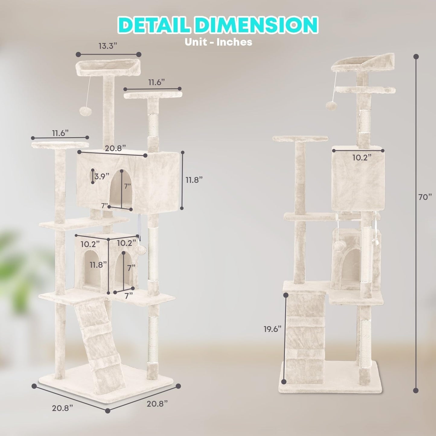 FDW 54-Inch Cat Tree Tower – Multi-Level Scratching Post, Condo & Playhouse for Indoor Cats with Cozy Platforms – Dark Gray