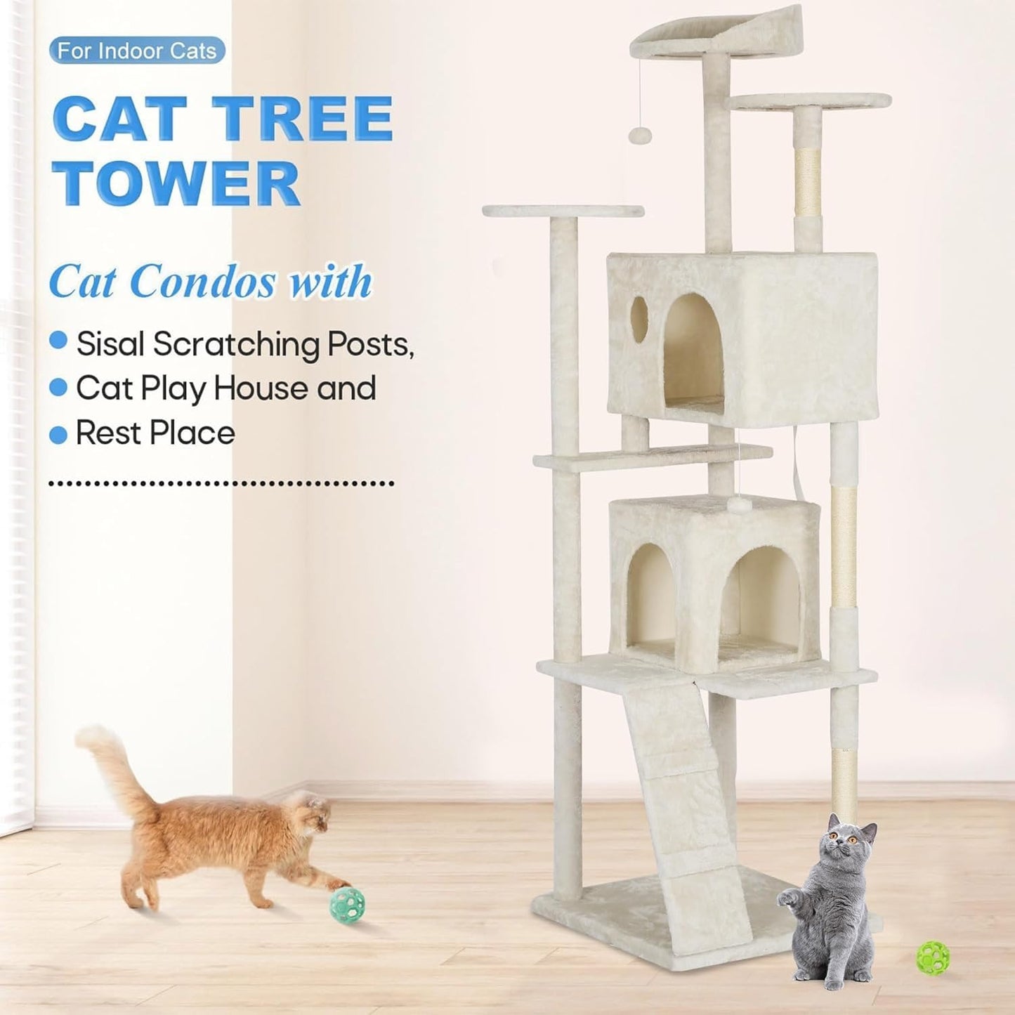FDW 54-Inch Cat Tree Tower – Multi-Level Scratching Post, Condo & Playhouse for Indoor Cats with Cozy Platforms – Dark Gray