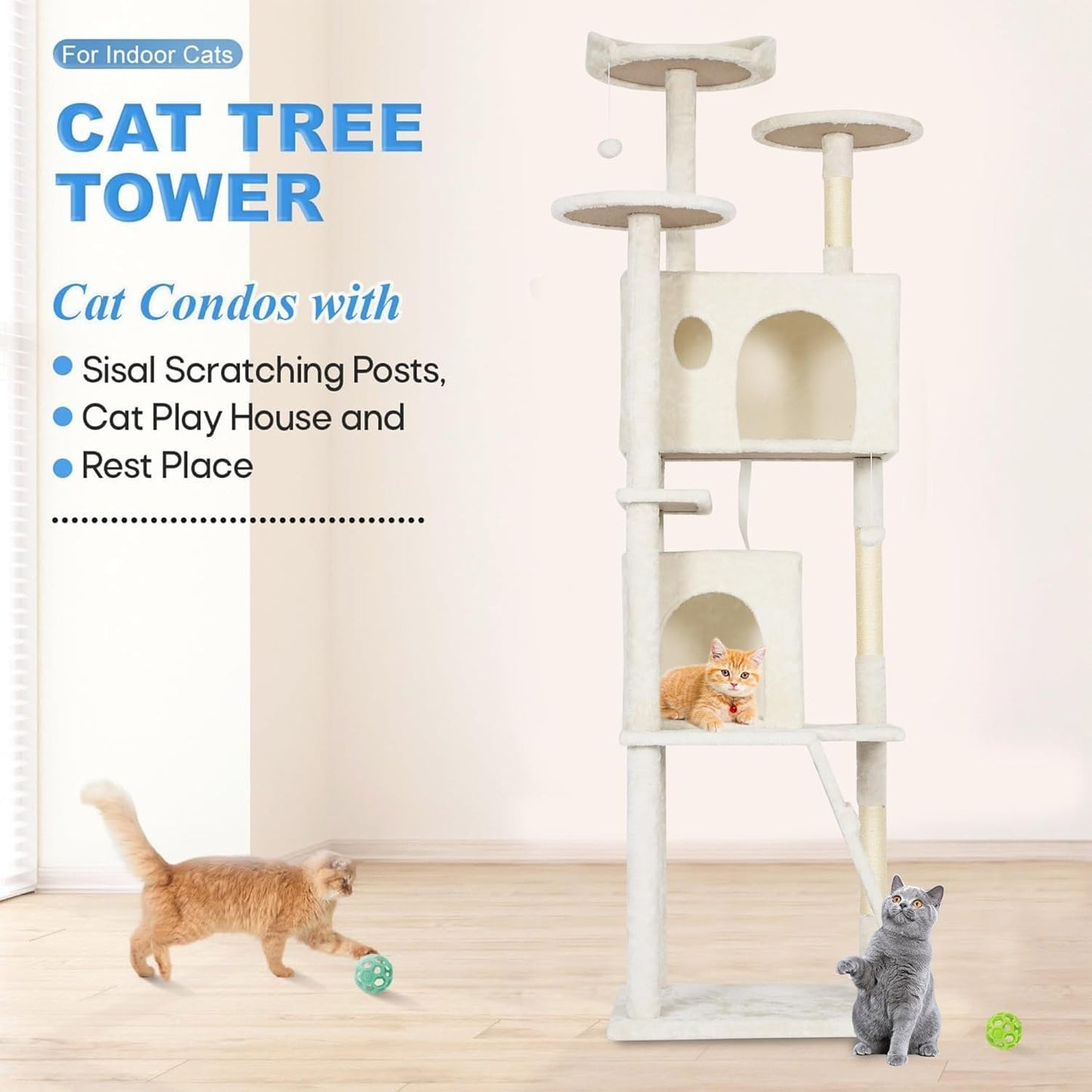 FDW 54-Inch Cat Tree Tower – Multi-Level Scratching Post, Condo & Playhouse for Indoor Cats with Cozy Platforms – Dark Gray