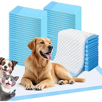 Stack of blue pet pads with a dog and cat on a white background