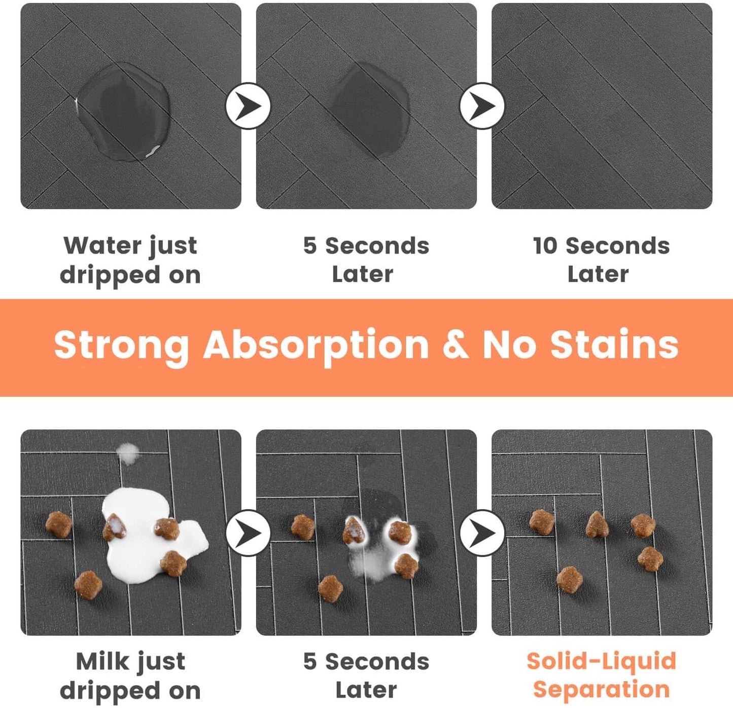 Waterproof Dog & Cat Food Mat – Quick Dry Pet Feeding Mat for Bowls, 12"x20" Absorbent Placemat with Non-Slip Backing, Striped Dark Gray