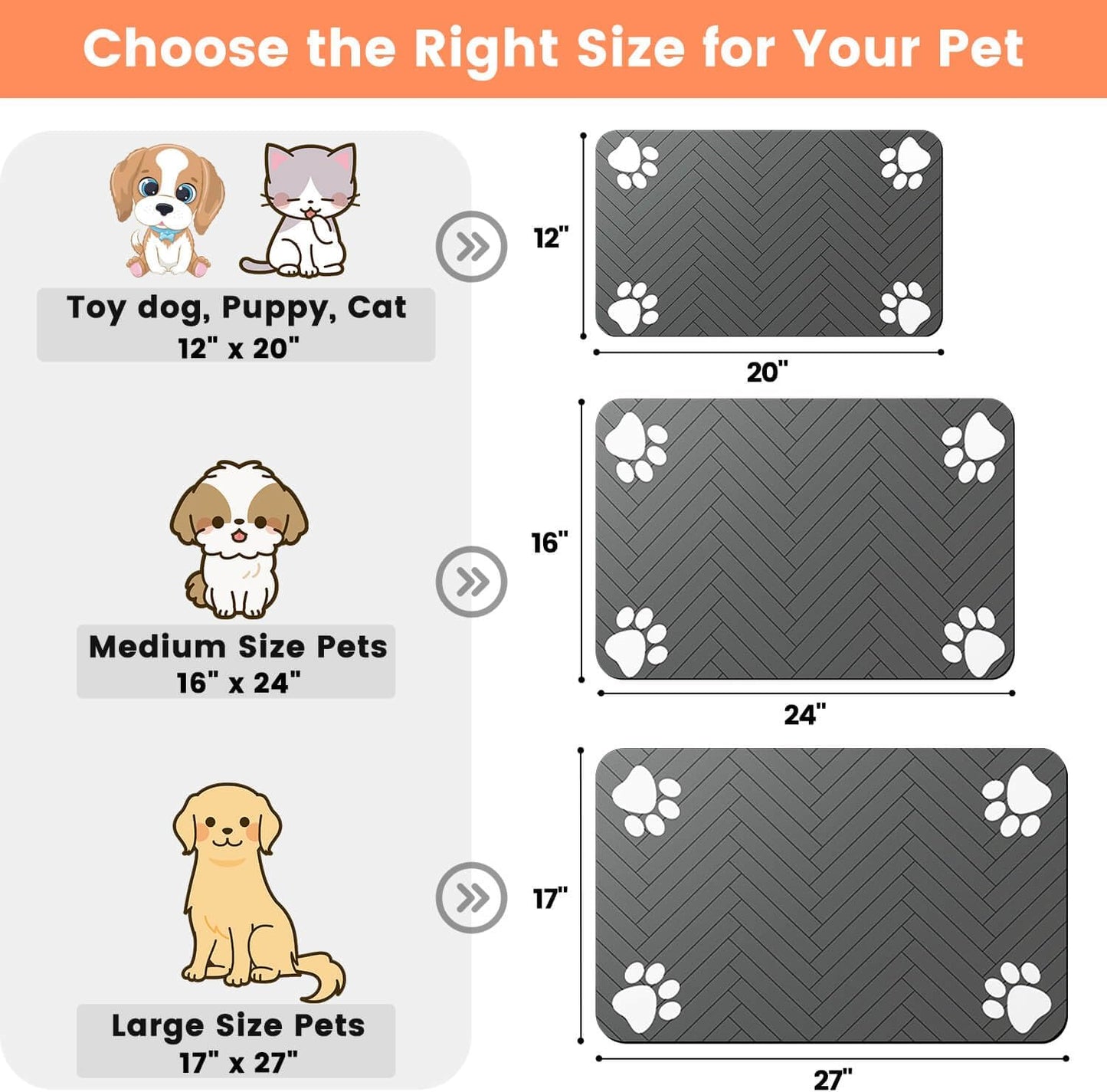 Waterproof Dog & Cat Food Mat – Quick Dry Pet Feeding Mat for Bowls, 12"x20" Absorbent Placemat with Non-Slip Backing, Striped Dark Gray