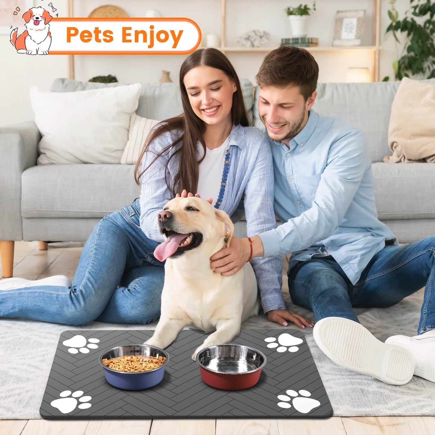 Waterproof Dog & Cat Food Mat – Quick Dry Pet Feeding Mat for Bowls, 12"x20" Absorbent Placemat with Non-Slip Backing, Striped Dark Gray