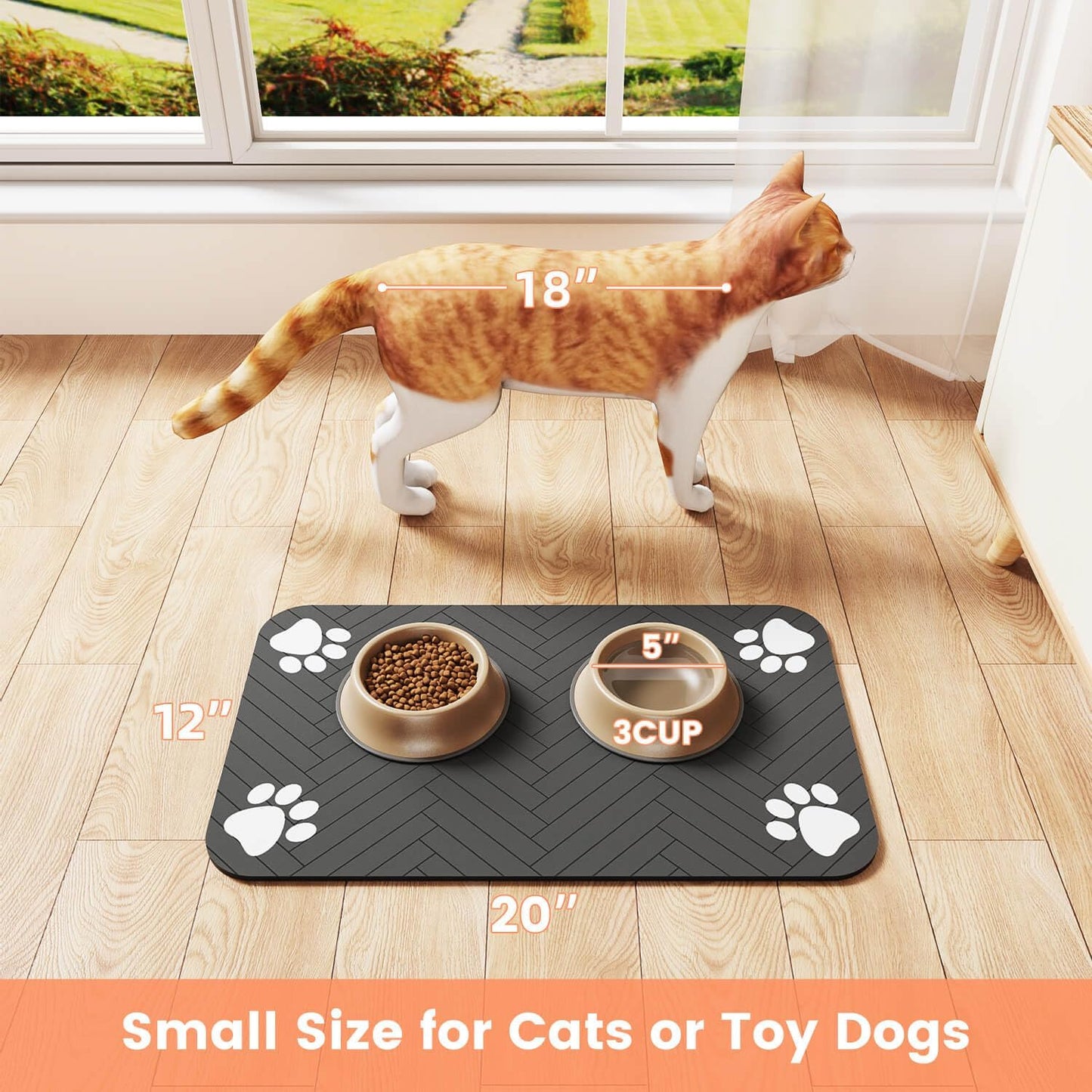 Waterproof Dog & Cat Food Mat – Quick Dry Pet Feeding Mat for Bowls, 12"x20" Absorbent Placemat with Non-Slip Backing, Striped Dark Gray