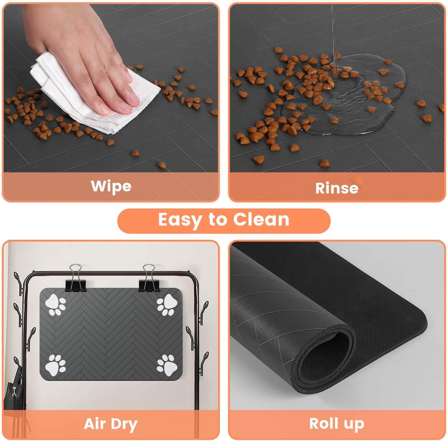 Waterproof Dog & Cat Food Mat – Quick Dry Pet Feeding Mat for Bowls, 12"x20" Absorbent Placemat with Non-Slip Backing, Striped Dark Gray