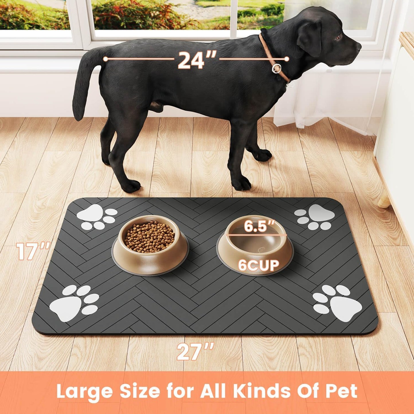 Waterproof Dog & Cat Food Mat – Quick Dry Pet Feeding Mat for Bowls, 12"x20" Absorbent Placemat with Non-Slip Backing, Striped Dark Gray