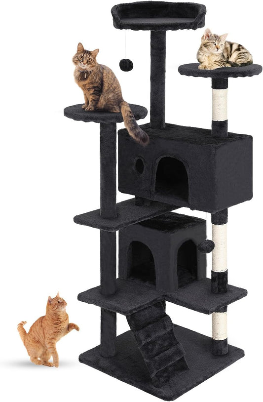 FDW 54-Inch Cat Tree Tower – Multi-Level Scratching Post, Condo & Playhouse for Indoor Cats with Cozy Platforms – Dark Gray