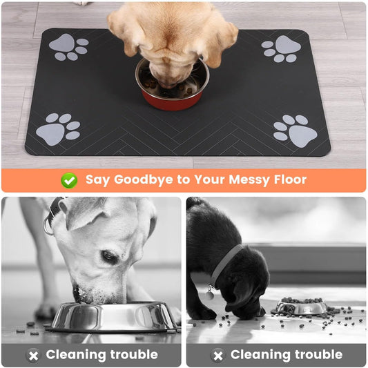Waterproof Dog & Cat Food Mat – Quick Dry Pet Feeding Mat for Bowls, 12"x20" Absorbent Placemat with Non-Slip Backing, Striped Dark Gray
