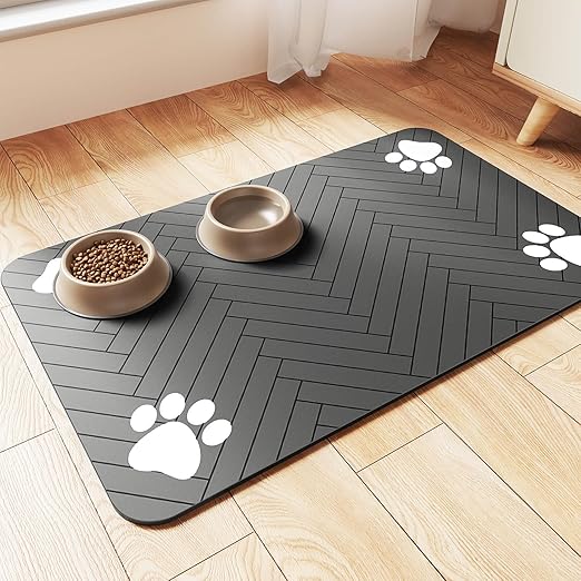 Waterproof Dog & Cat Food Mat – Quick Dry Pet Feeding Mat for Bowls, 12"x20" Absorbent Placemat with Non-Slip Backing, Striped Dark Gray
