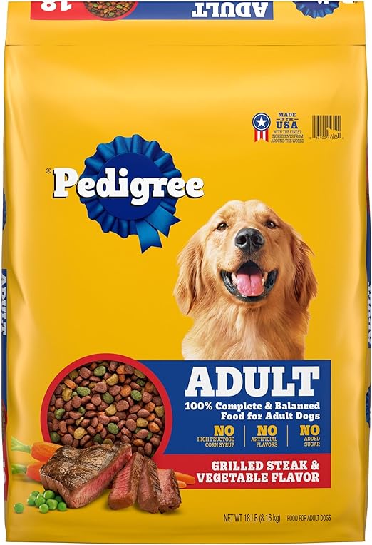 Pedigree Adult Dry Dog Food, Grilled Steak & Vegetable Flavor, 18 lb Bag – Complete Nutrition for Healthy Dogs