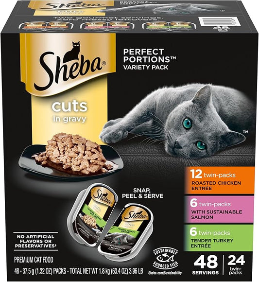 Sheba Perfect Portions Wet Cat Food, Cuts in Gravy Variety Pack – Chicken, Salmon & Turkey, 2.6 oz Twin-Pack Trays (48 Servings, 24 Count)
