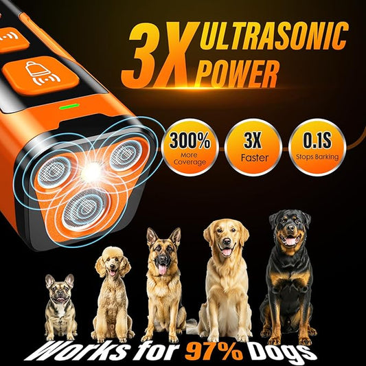 Ultrasonic Dog Bark Control Device – 3-Head Deterrent with LED Flashlight
