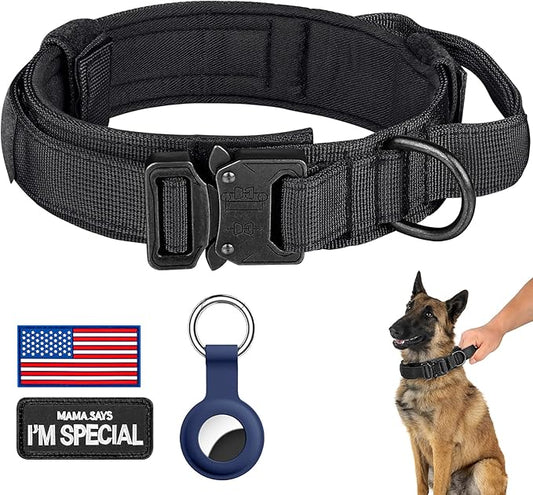 Tactical Dog Collar for Medium and Large Dogs – Adjustable Nylon Military Training Collar with Control Handle, Heavy-Duty Metal Buckle, Patches, and AirTag Holder (Black, Large)