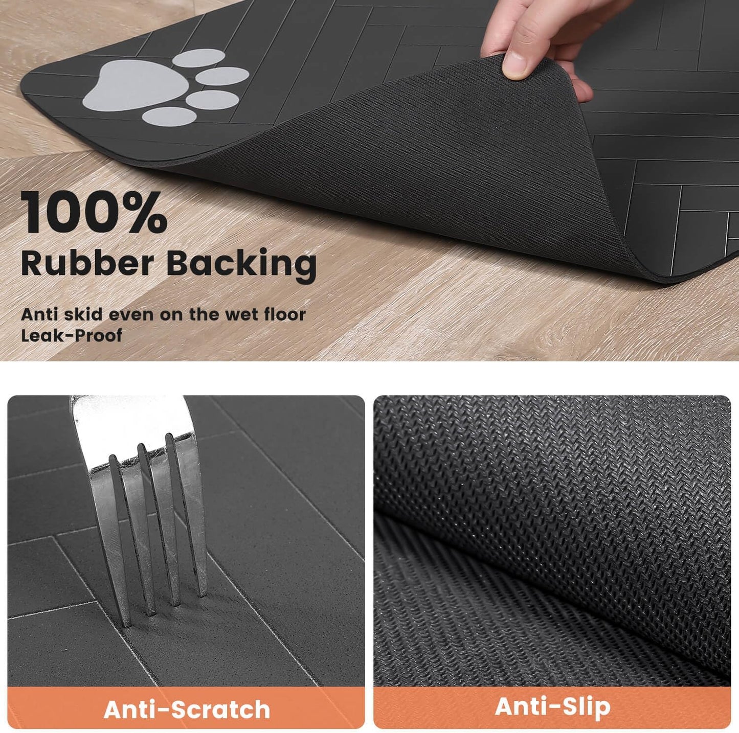 Waterproof Dog & Cat Food Mat – Quick Dry Pet Feeding Mat for Bowls, 12"x20" Absorbent Placemat with Non-Slip Backing, Striped Dark Gray