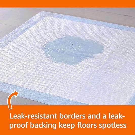 Basics Dog and Puppy Pee Pads, 5-Layer Leak-Proof Super Absorbent, Quick-Dry Surface, Potty Training, Regular (22x22"), 100 Count, Blue & White