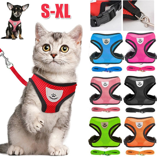 Adjustable Cat and Small Dog Harness with Leash – Soft Mesh Vest with Reflective Strips – Breathable and Comfortable Pet Walking Set