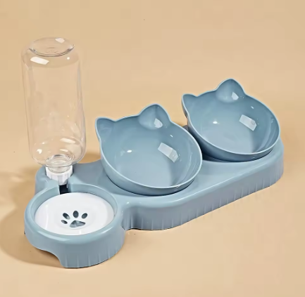 Pet Bowls With Water Feeder, 3 In 1 Ear Design Tilted Cat Water And Food Bowl Set With Gravity Water Bottle For Neck Protection